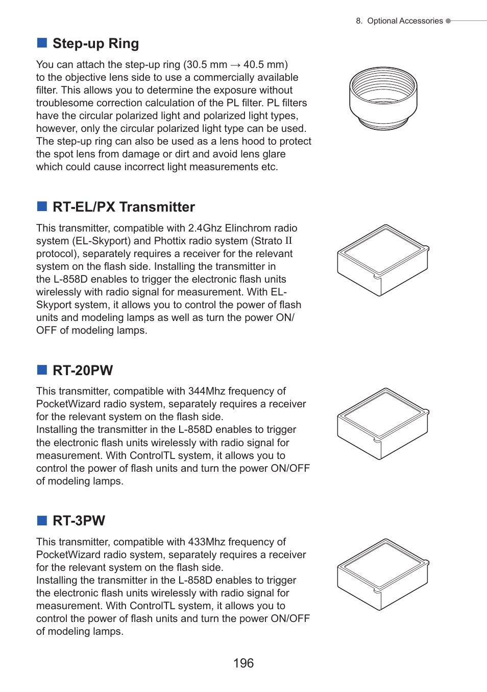 Step-up ring, Rt-el/px transmitter, Rt-20pw | Rt-3pw, P196) | Sekonic Speedmaster L-858D-U Light Meter User Manual | Page 210 / 223