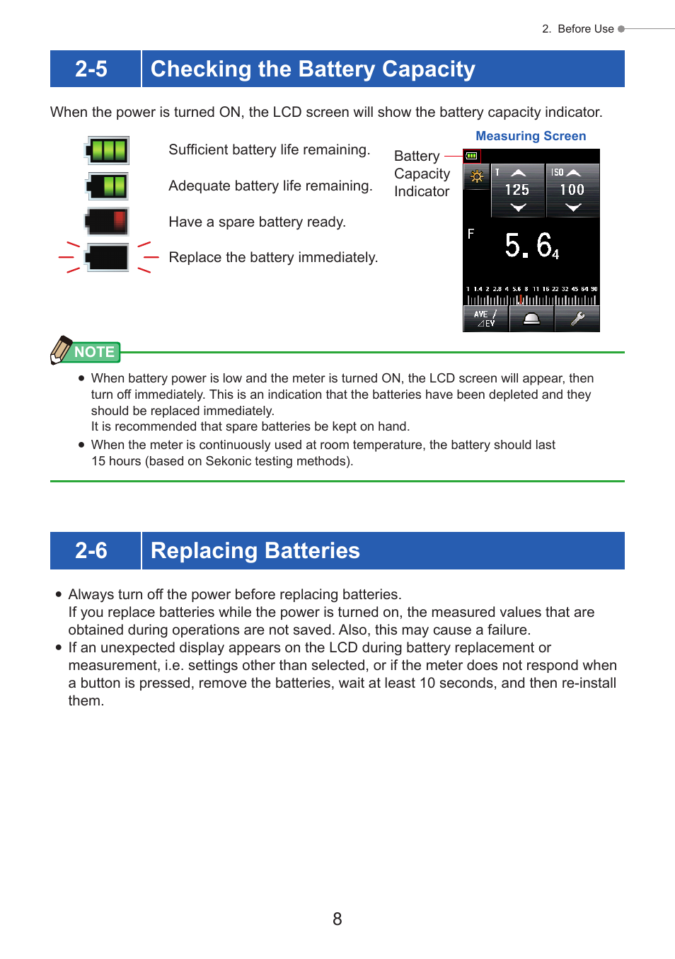 Checking the battery capacity, Replacing batteries, 5 checking the battery capacity | 6 replacing batteries | Sekonic Speedmaster L-858D-U Light Meter User Manual | Page 22 / 223