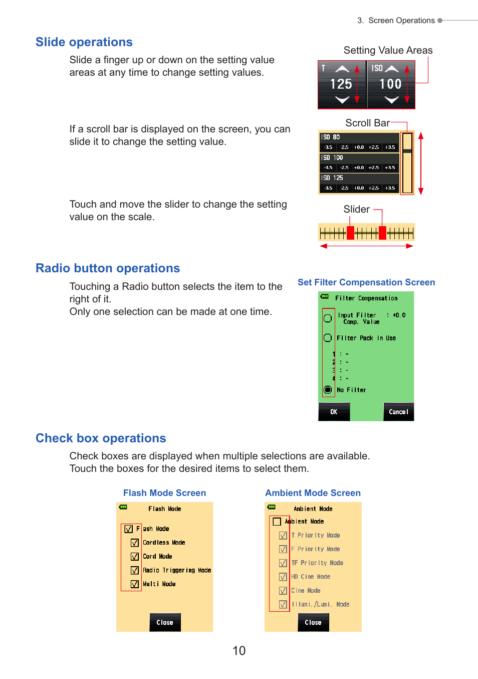 Slide operations, Radio button operations, Check box operations | Sekonic Speedmaster L-858D-U Light Meter User Manual | Page 24 / 223