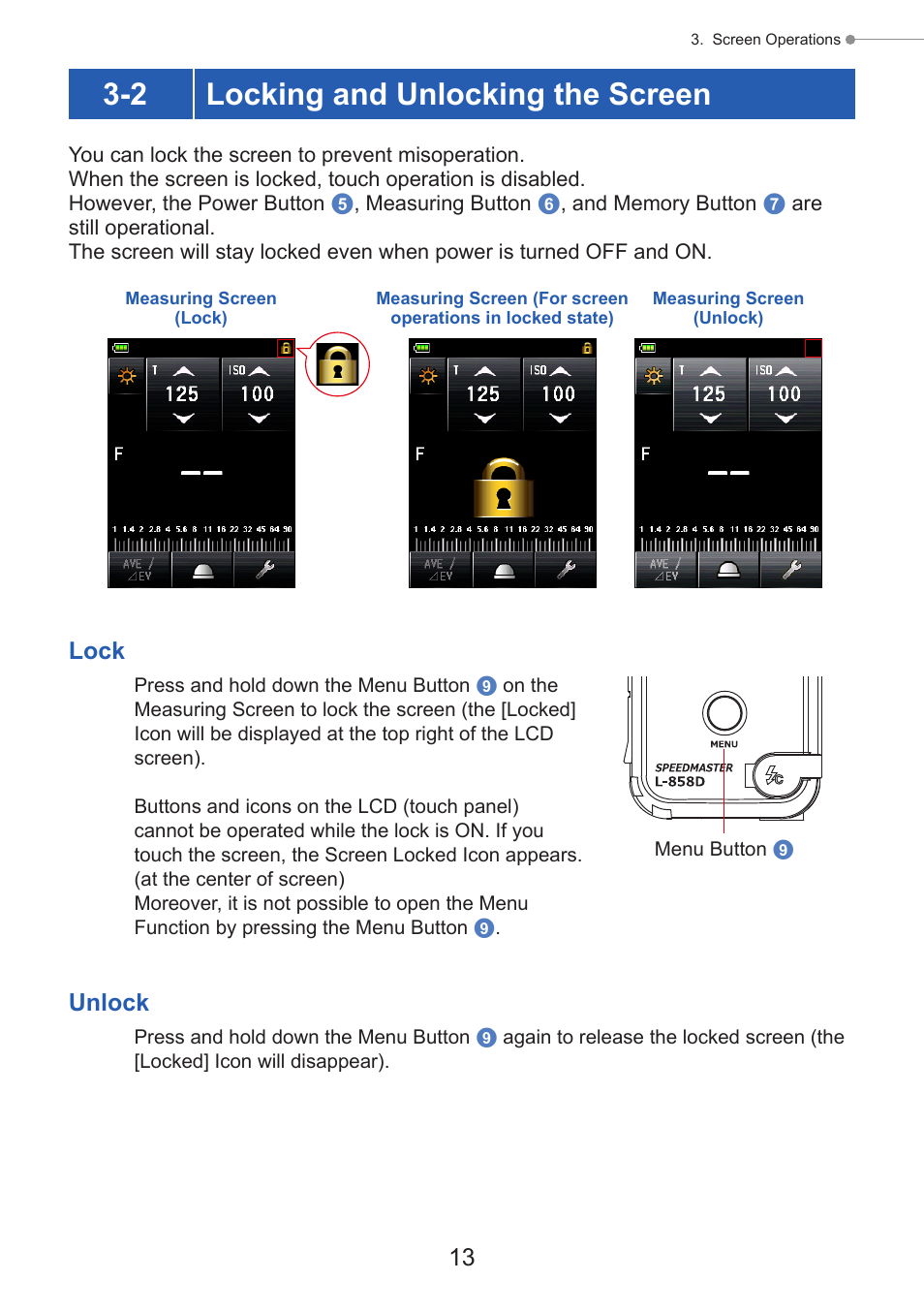 Locking and unlocking the screen, 2 locking and unlocking the screen, Lock | Unlock | Sekonic Speedmaster L-858D-U Light Meter User Manual | Page 27 / 223