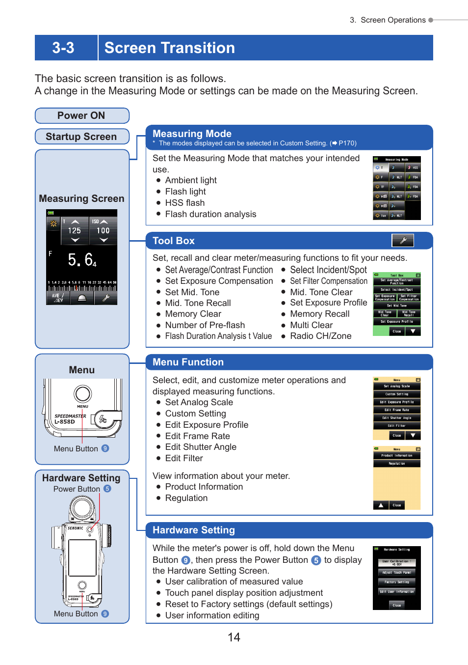 Screen transition, 3 screen transition | Sekonic Speedmaster L-858D-U Light Meter User Manual | Page 28 / 223