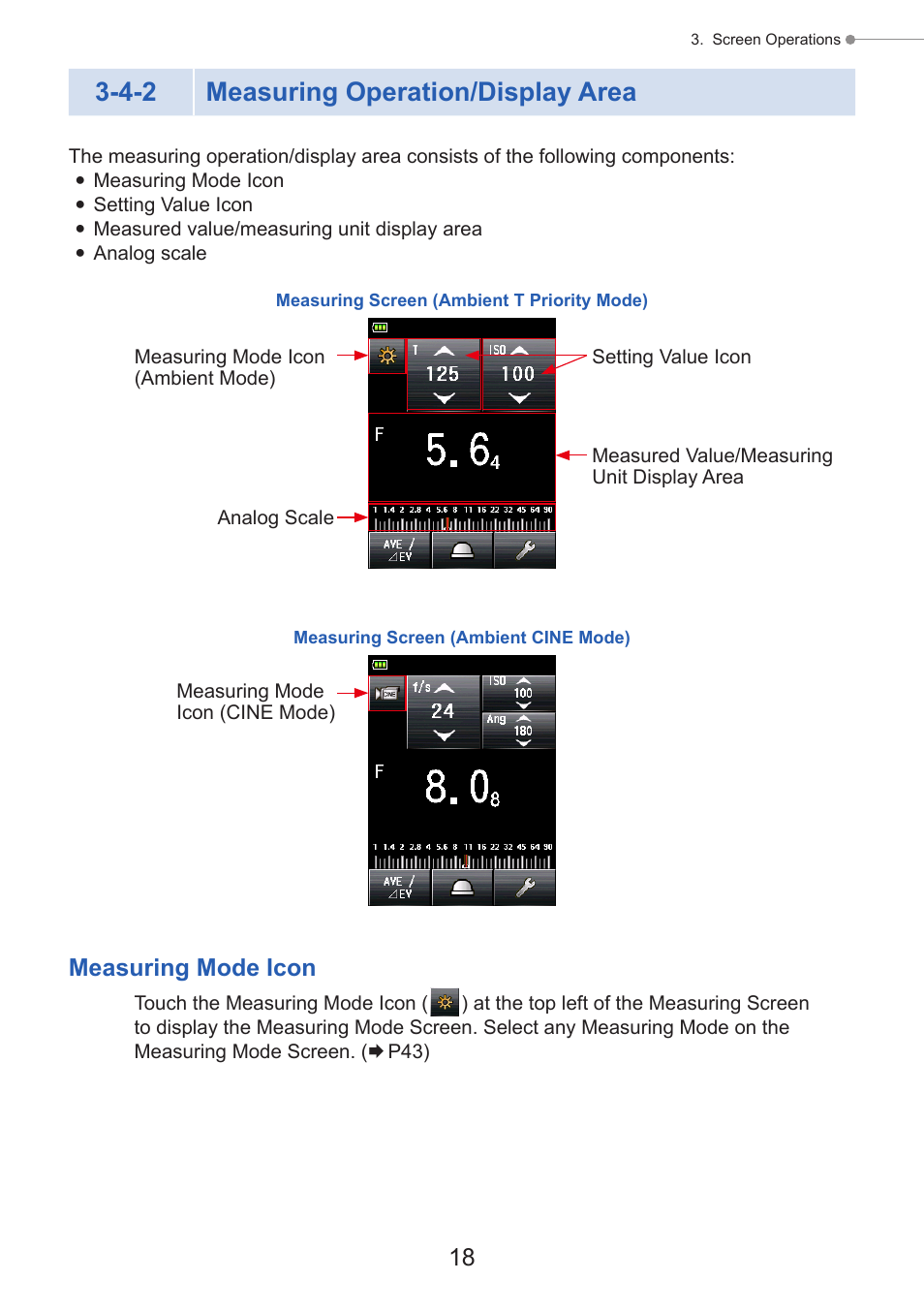 Measuring operation/display area, 4-2 measuring operation/display area, Measuring mode icon | Sekonic Speedmaster L-858D-U Light Meter User Manual | Page 32 / 223