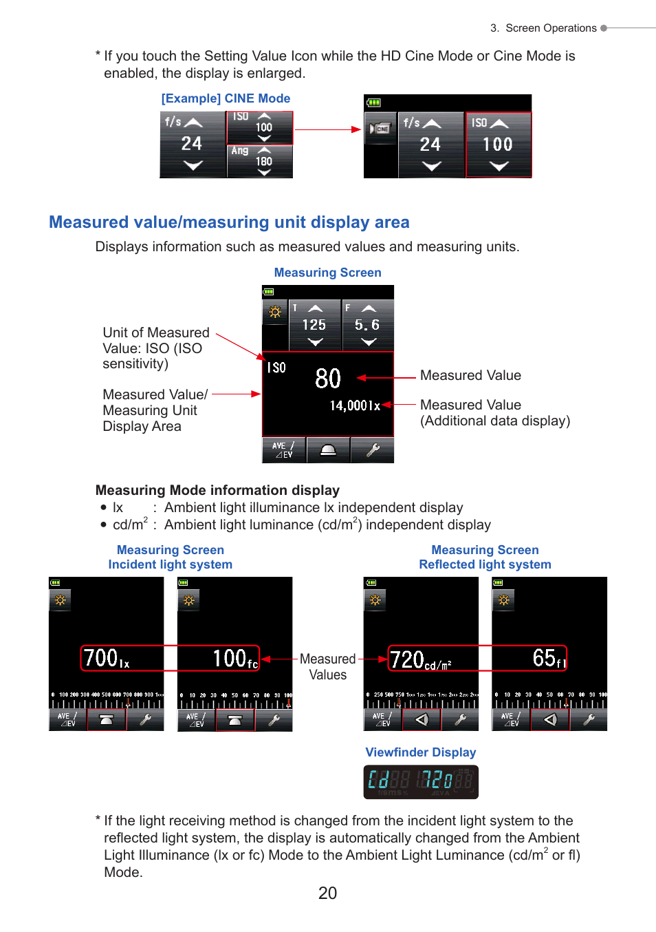 P20), Measured value/measuring unit display area | Sekonic Speedmaster L-858D-U Light Meter User Manual | Page 34 / 223