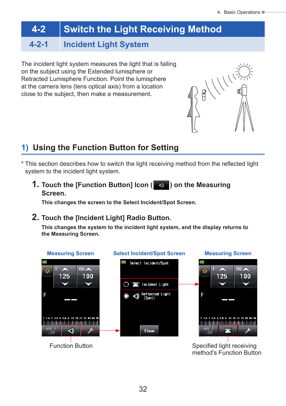 Switch the light receiving method, Incident light system, 1) using the function button for setting | Rotated through 270° to receive light, P32), Set the light receiving method, Method, 2 switch the light receiving method, 2-1 incident light system | Sekonic Speedmaster L-858D-U Light Meter User Manual | Page 46 / 223