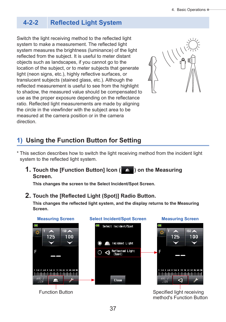 Reflected light system, 1) using the function button for setting, P37) | 2-2 reflected light system | Sekonic Speedmaster L-858D-U Light Meter User Manual | Page 51 / 223