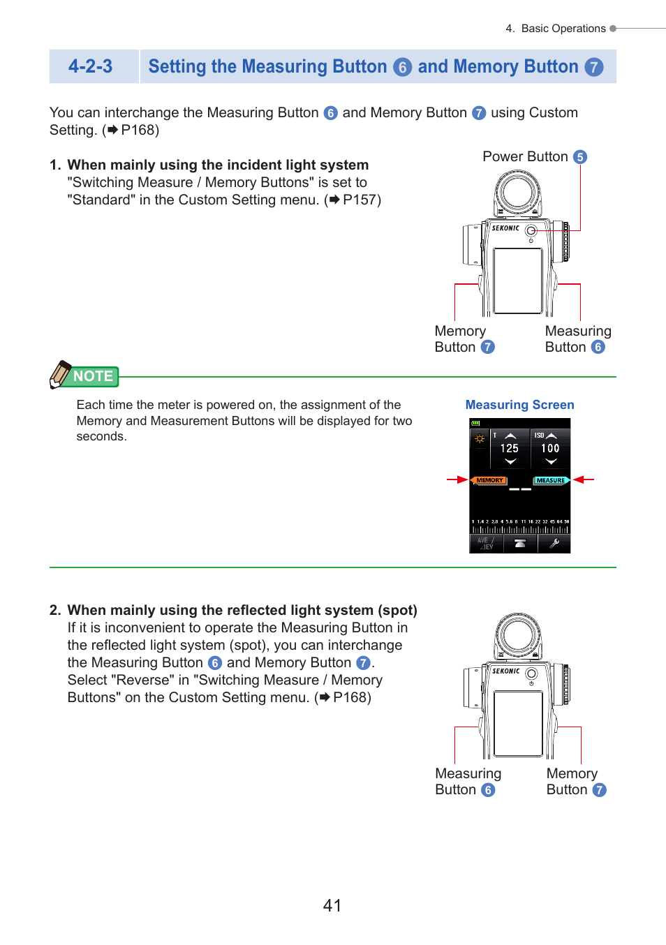 Setting the measuring button 6 and memory button 7, Setting the measuring button, And memory button | Sekonic Speedmaster L-858D-U Light Meter User Manual | Page 55 / 223
