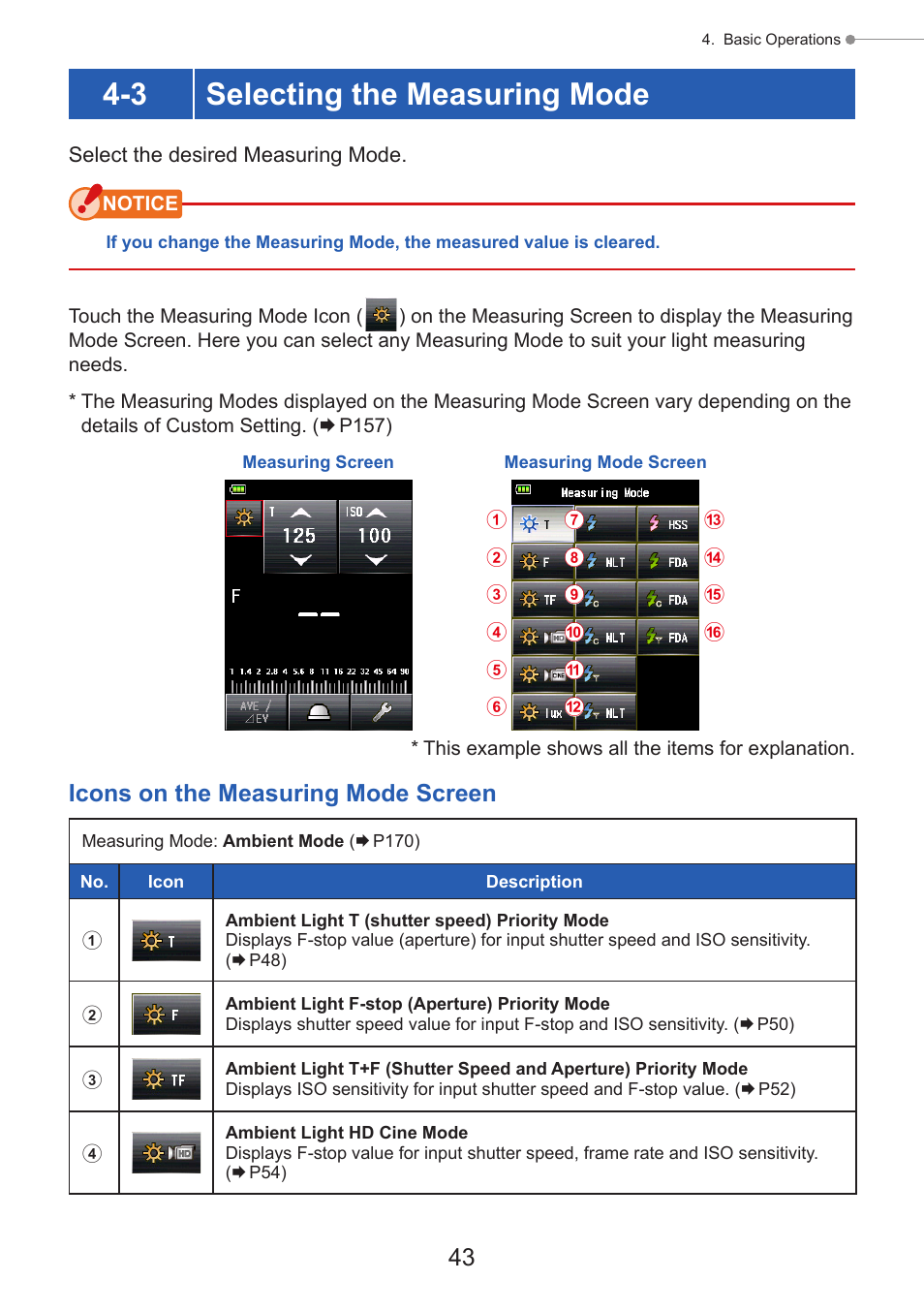 Selecting the measuring mode, P43), The measuring mode is displayed | 3 selecting the measuring mode, Icons on the measuring mode screen | Sekonic Speedmaster L-858D-U Light Meter User Manual | Page 57 / 223