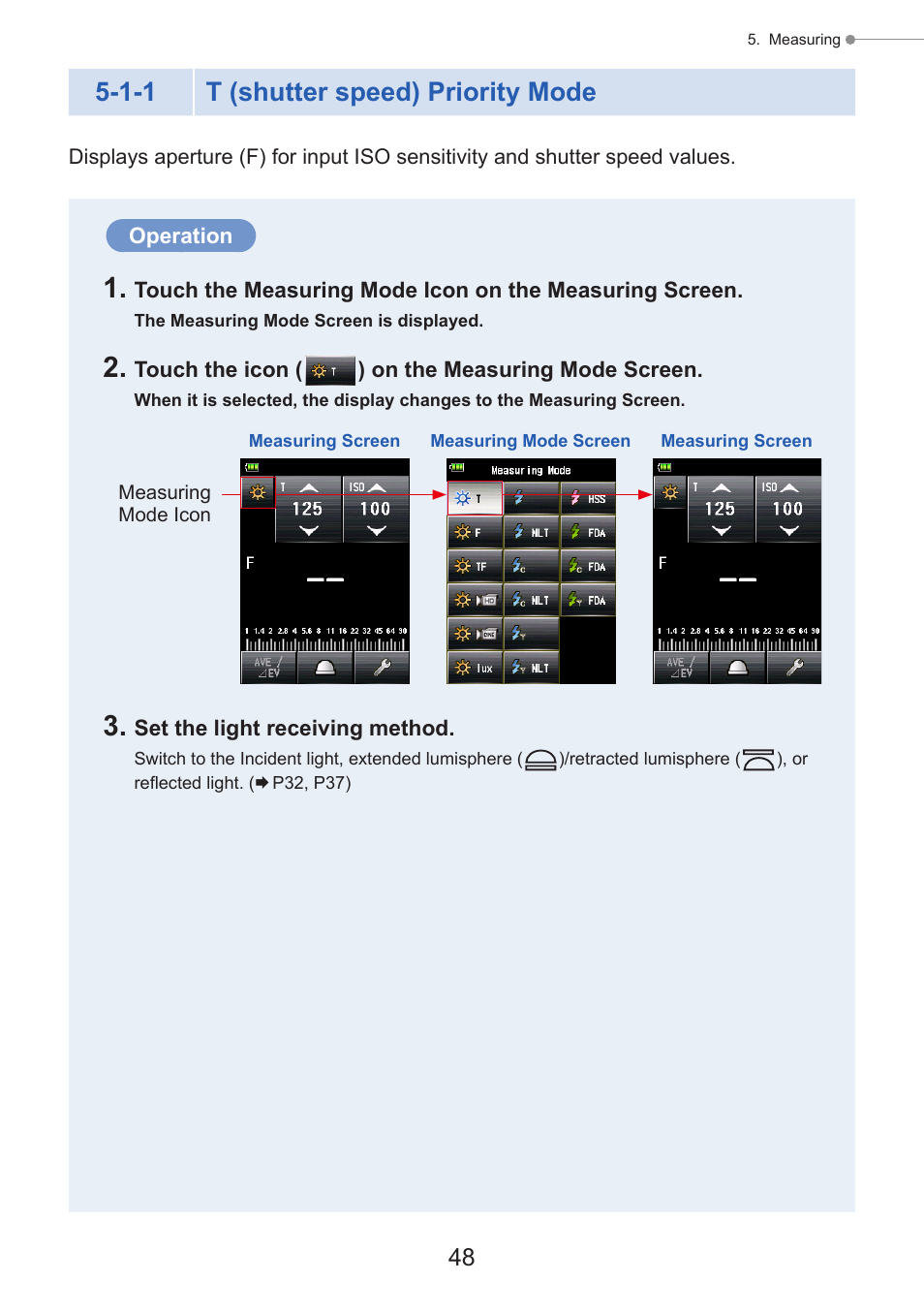 T (shutter speed) priority mode, P48), 1-1 t (shutter speed) priority mode | Sekonic Speedmaster L-858D-U Light Meter User Manual | Page 62 / 223