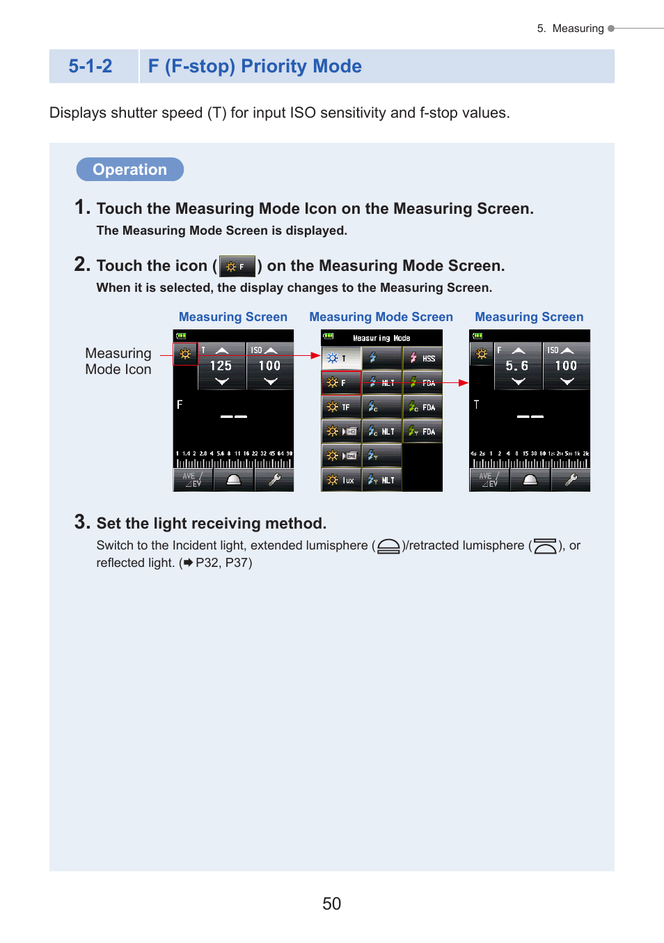 F (f-stop) priority mode, Aperture) priority mode, P50) | 1-2 f (f-stop) priority mode | Sekonic Speedmaster L-858D-U Light Meter User Manual | Page 64 / 223