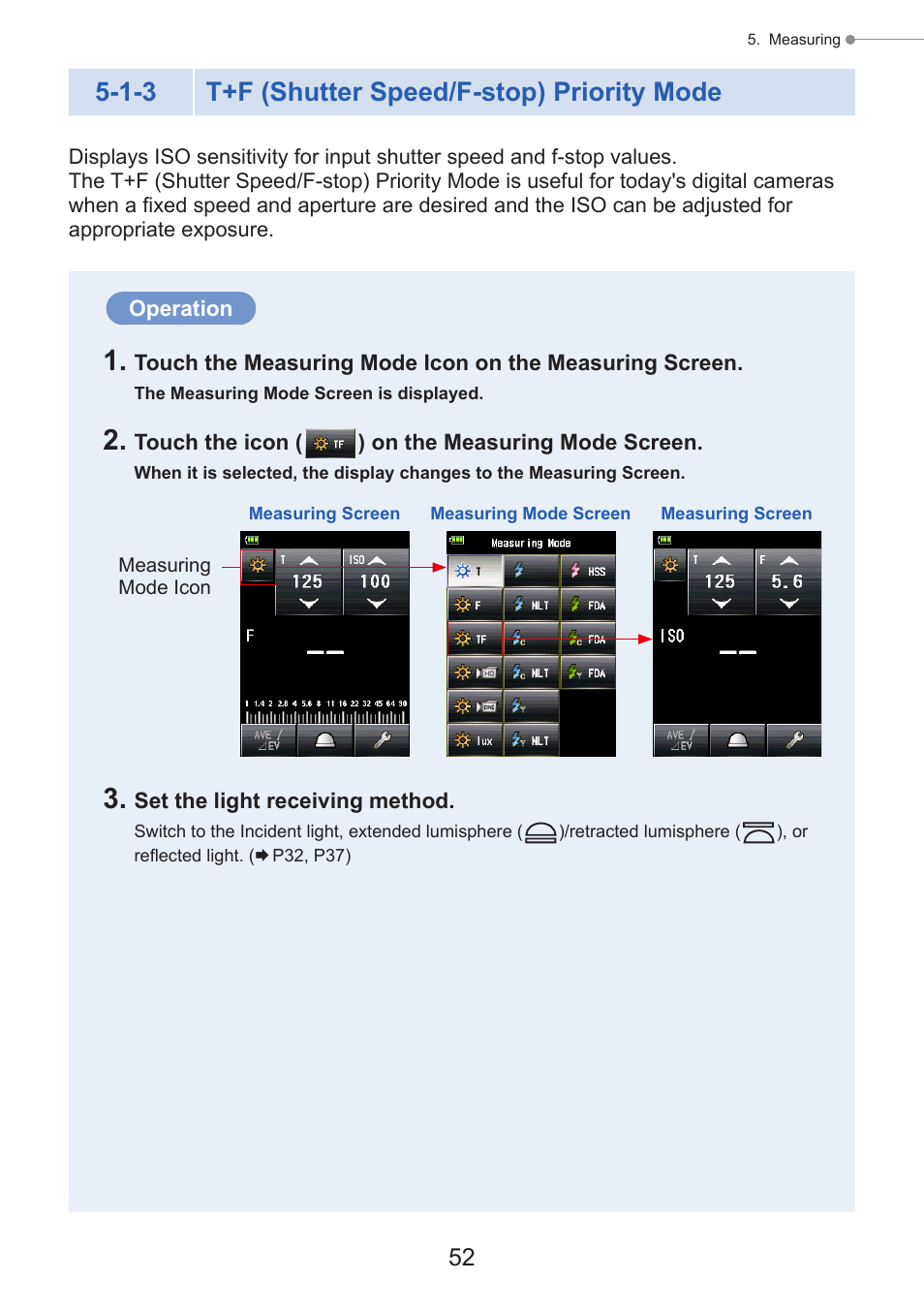 T+f (shutter speed/f-stop) priority mode, P52), 1-3 t+f (shutter speed/f-stop) priority mode | Sekonic Speedmaster L-858D-U Light Meter User Manual | Page 66 / 223