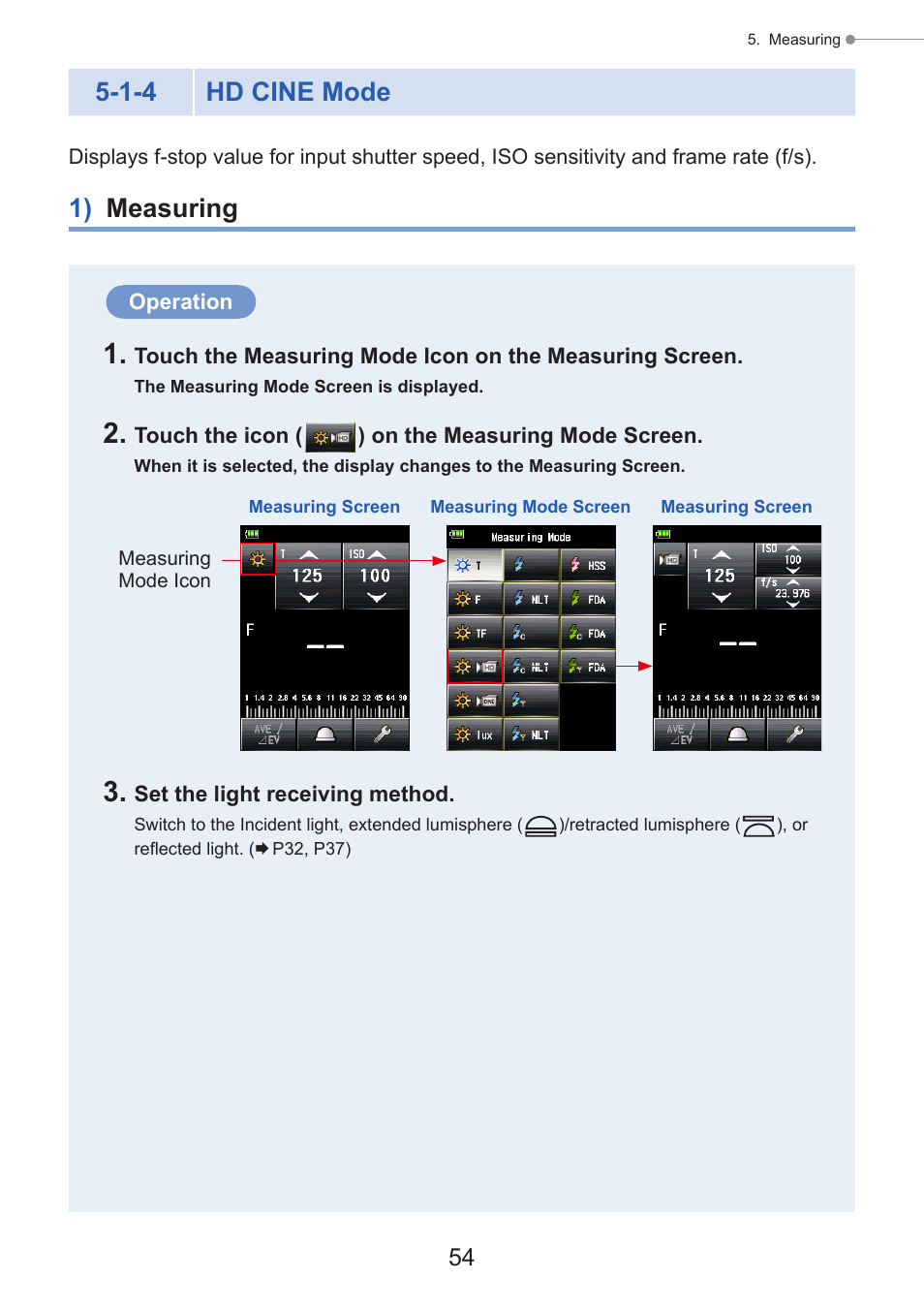 Hd cine mode, 1) measuring, Hd cine camera | P54), 1-4 hd cine mode | Sekonic Speedmaster L-858D-U Light Meter User Manual | Page 68 / 223