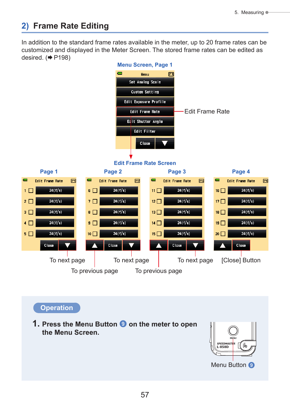 2) frame rate editing, Rates, P57) | Sekonic Speedmaster L-858D-U Light Meter User Manual | Page 71 / 223