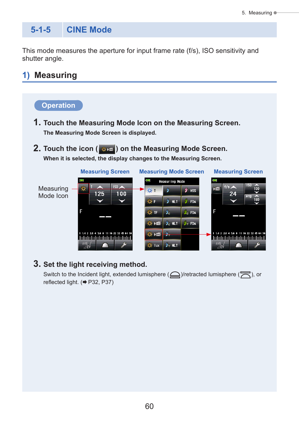 Cine mode, 1) measuring, P60) | 1-5 cine mode | Sekonic Speedmaster L-858D-U Light Meter User Manual | Page 74 / 223