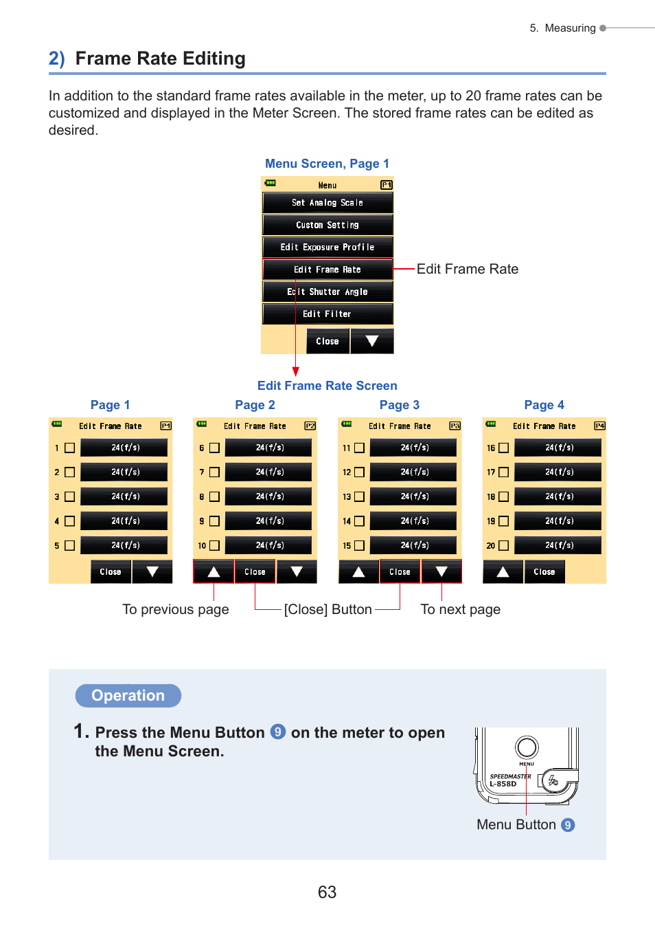 2) frame rate editing, Menu list, P63) | Sekonic Speedmaster L-858D-U Light Meter User Manual | Page 77 / 223
