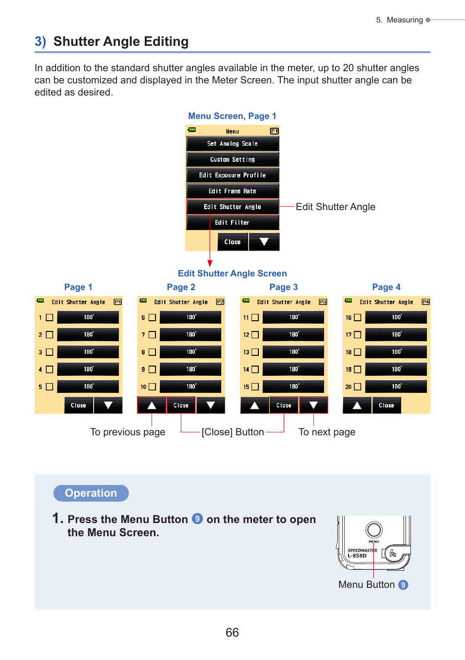 3) shutter angle editing, Shutter angles, P66) | Sekonic Speedmaster L-858D-U Light Meter User Manual | Page 80 / 223