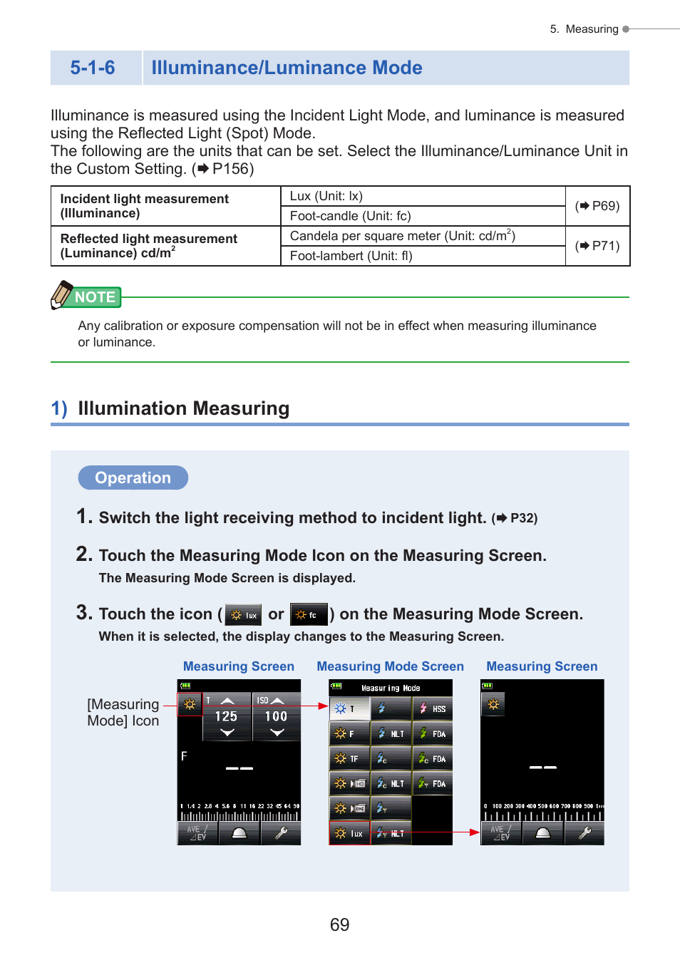 Illuminance/luminance mode, 1) illumination measuring, Displays brightness value in lux (lx) unit | P69), Displays brightness value in foot-candle (fc) unit, 1-6 illuminance/luminance mode | Sekonic Speedmaster L-858D-U Light Meter User Manual | Page 83 / 223