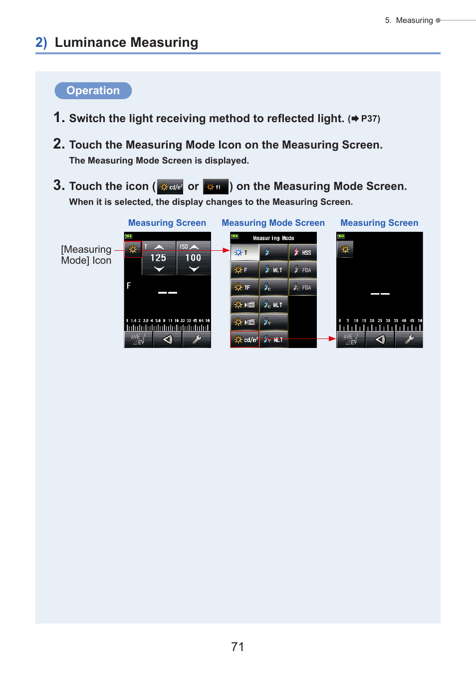 2) luminance measuring, Unit, P71) | Sekonic Speedmaster L-858D-U Light Meter User Manual | Page 85 / 223