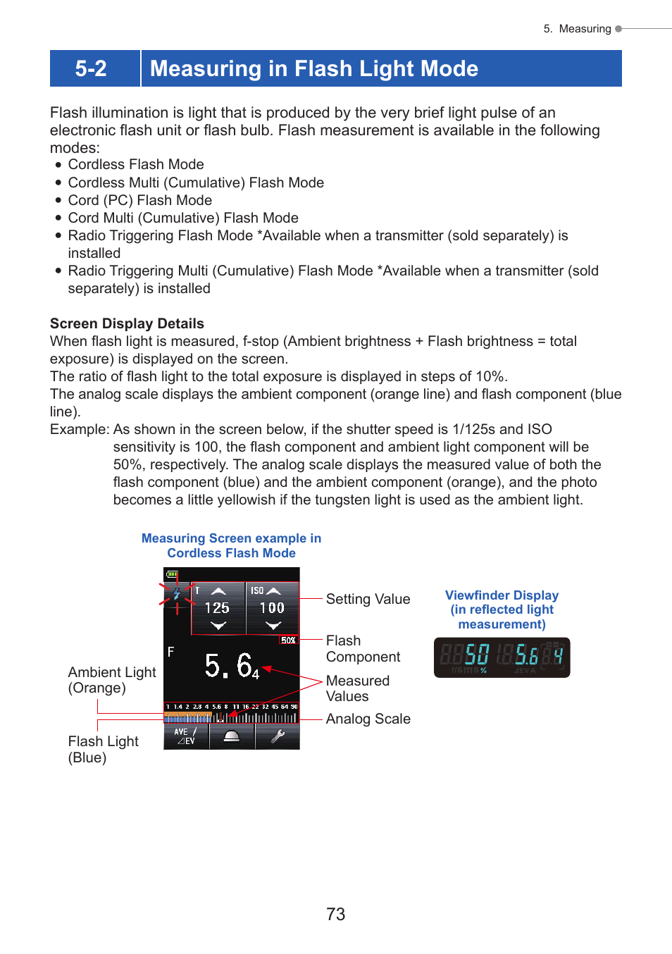 Measuring in flash light mode, Steps of 10%), P73) | Whether to display components or not, 2 measuring in flash light mode | Sekonic Speedmaster L-858D-U Light Meter User Manual | Page 87 / 223