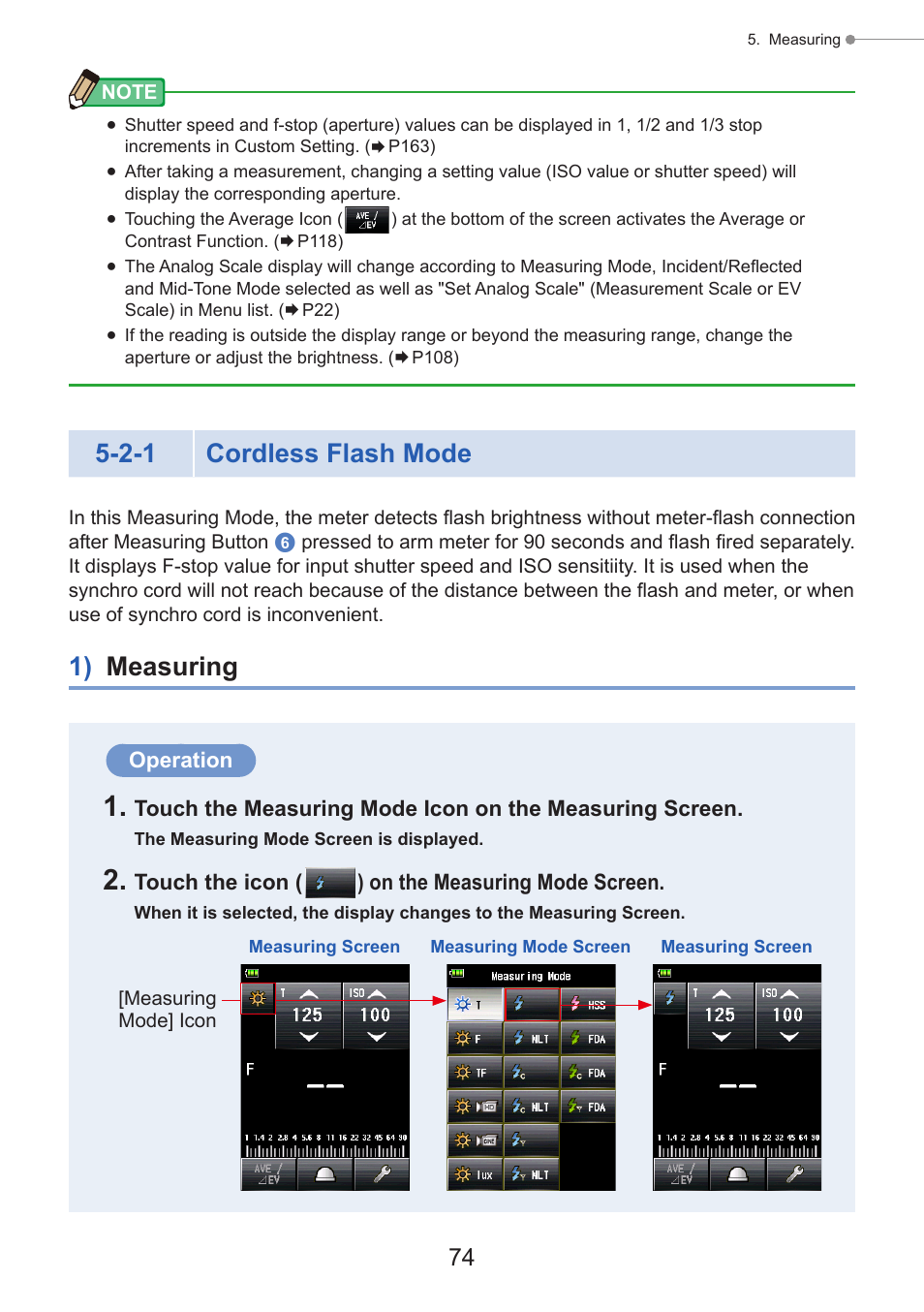 Cordless flash mode, 1) measuring, Cordless | P74), 2-1 cordless flash mode | Sekonic Speedmaster L-858D-U Light Meter User Manual | Page 88 / 223