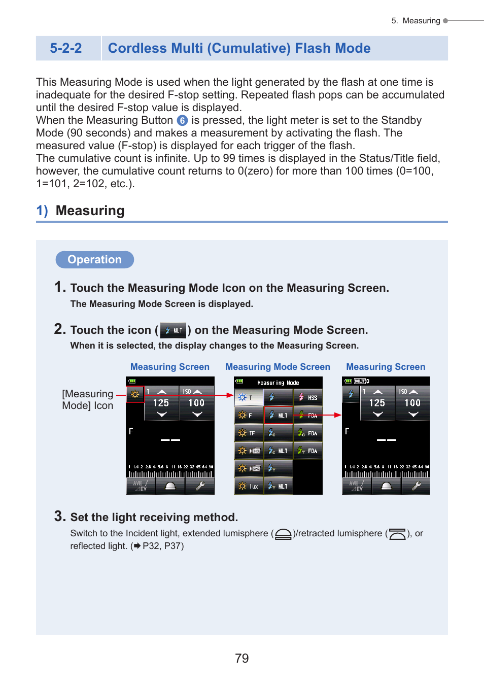 Cordless multi (cumulative) flash mode, 1) measuring, P79) | 2-2 cordless multi (cumulative) flash mode | Sekonic Speedmaster L-858D-U Light Meter User Manual | Page 93 / 223