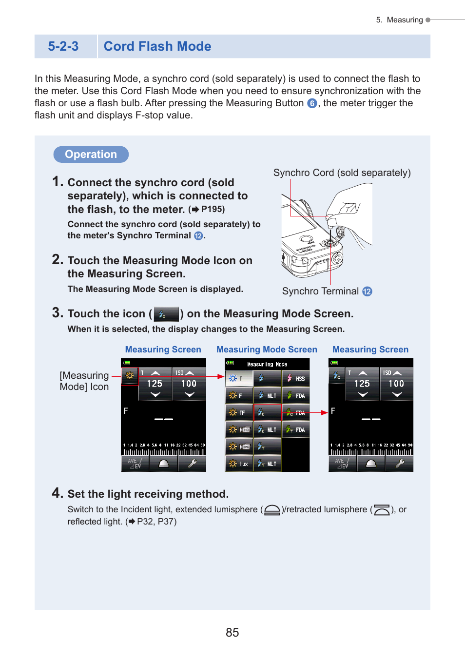 Cord flash mode, Cord connection, P85) | 2-3 cord flash mode | Sekonic Speedmaster L-858D-U Light Meter User Manual | Page 99 / 223