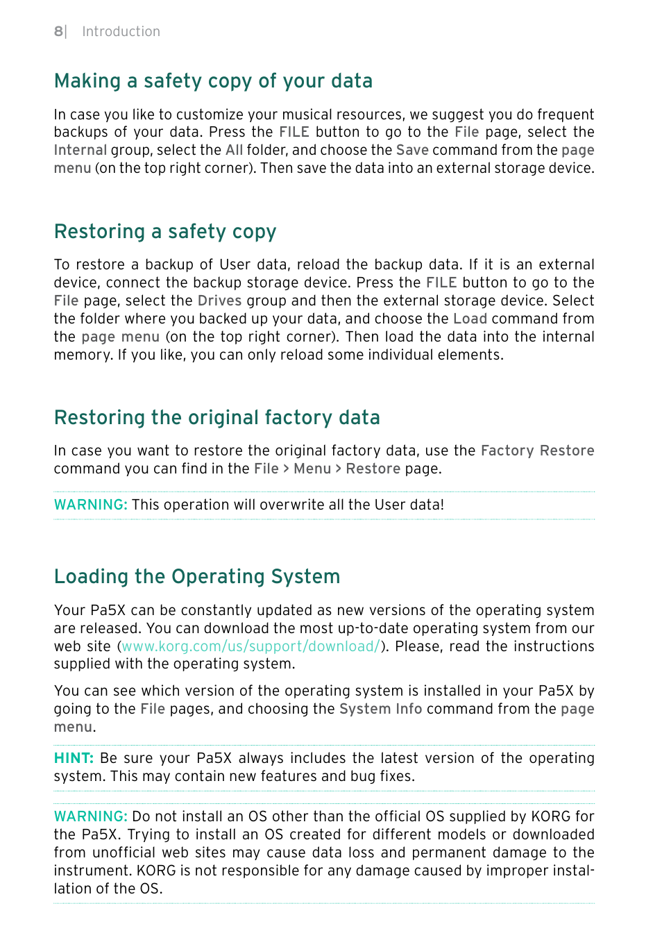 Making a safety copy of your data, Restoring a safety copy, Restoring the original factory data | Loading the operating system | KORG Pa5X-88 88-Key Arranger Keyboard User Manual | Page 10 / 232