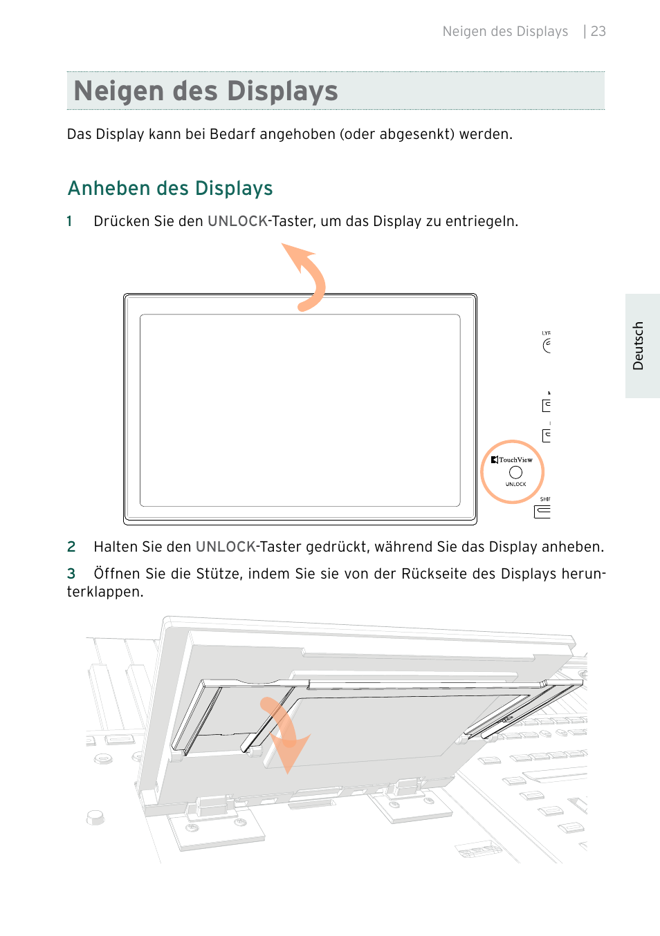 Neigen des displays, Anheben des displays | KORG Pa5X-88 88-Key Arranger Keyboard User Manual | Page 101 / 232