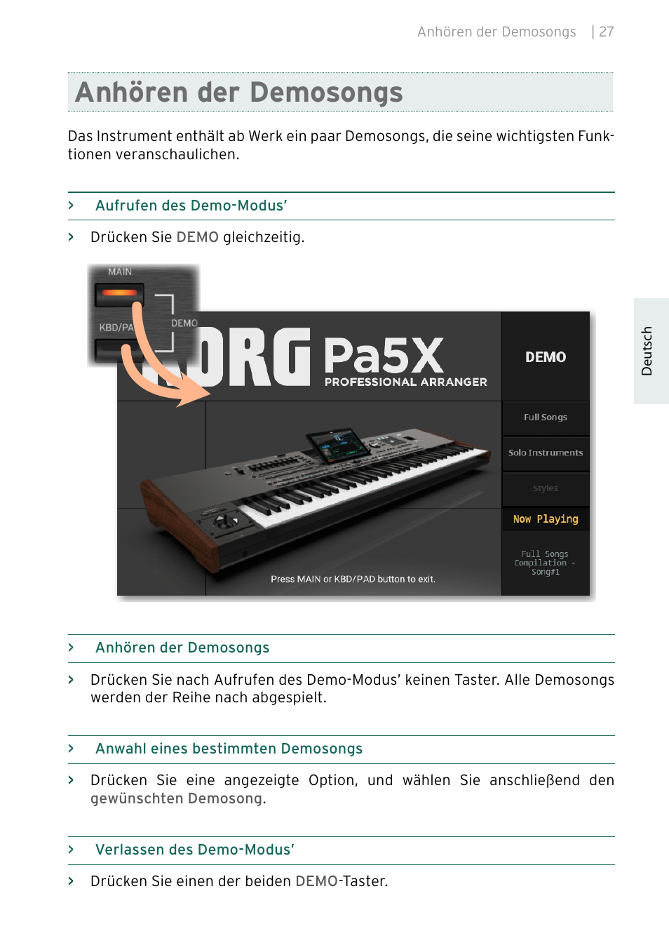 Anhören der demosongs | KORG Pa5X-88 88-Key Arranger Keyboard User Manual | Page 105 / 232