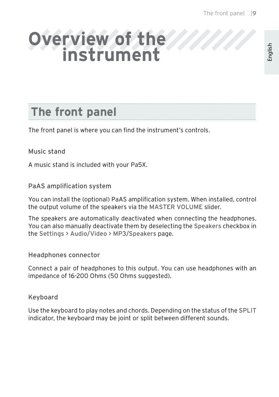 Overview of the instrument, The front panel | KORG Pa5X-88 88-Key Arranger Keyboard User Manual | Page 11 / 232