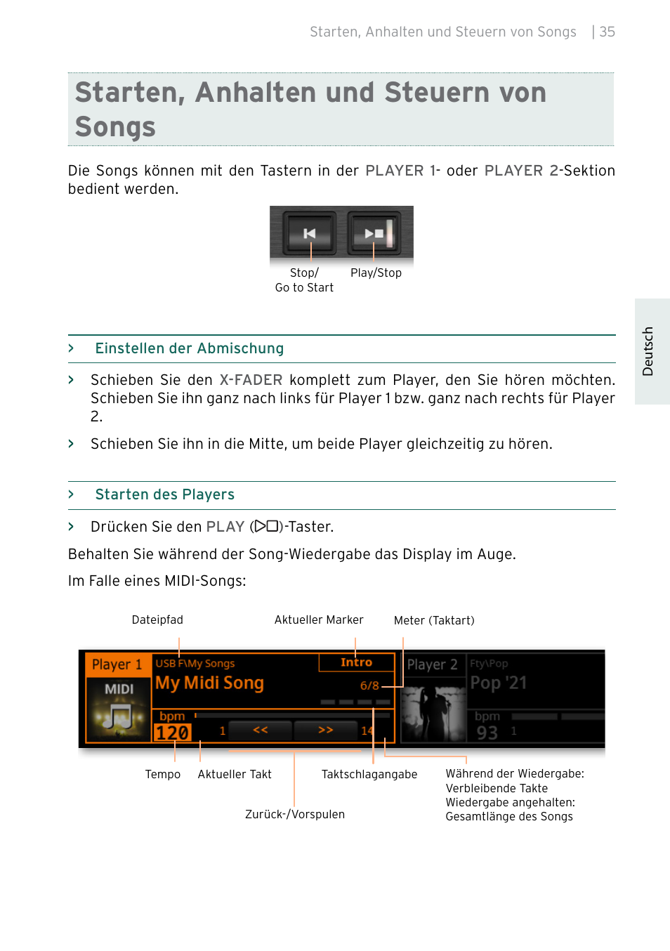Starten, anhalten und steuern von songs | KORG Pa5X-88 88-Key Arranger Keyboard User Manual | Page 113 / 232