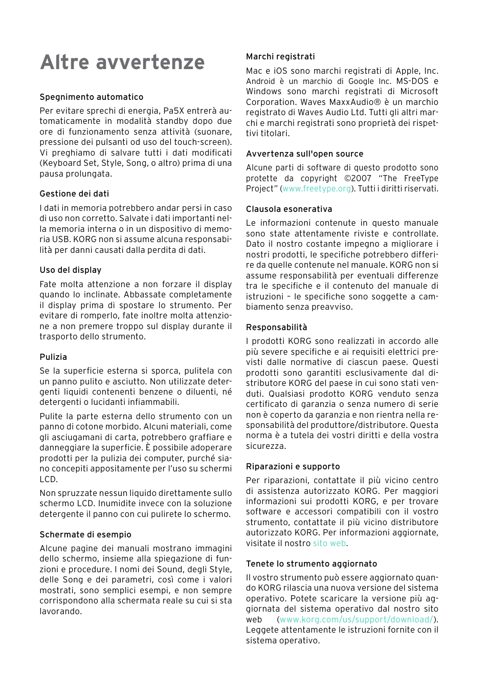 Altre avvertenze | KORG Pa5X-88 88-Key Arranger Keyboard User Manual | Page 120 / 232