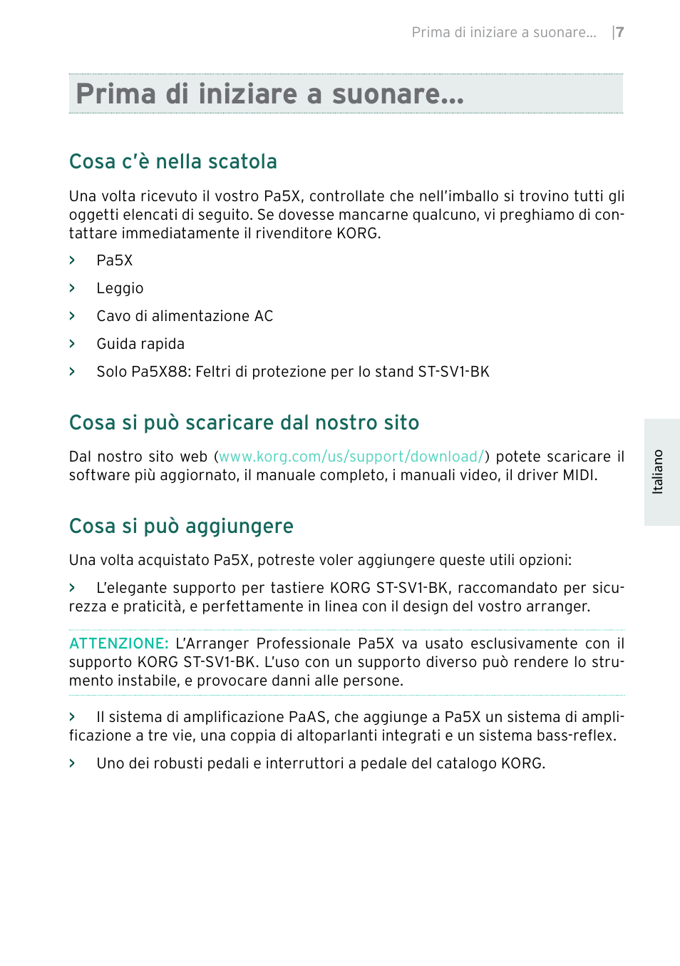 Prima di iniziare a suonare, Cosa c’è nella scatola, Cosa si può scaricare dal nostro sito | Cosa si può aggiungere | KORG Pa5X-88 88-Key Arranger Keyboard User Manual | Page 123 / 232