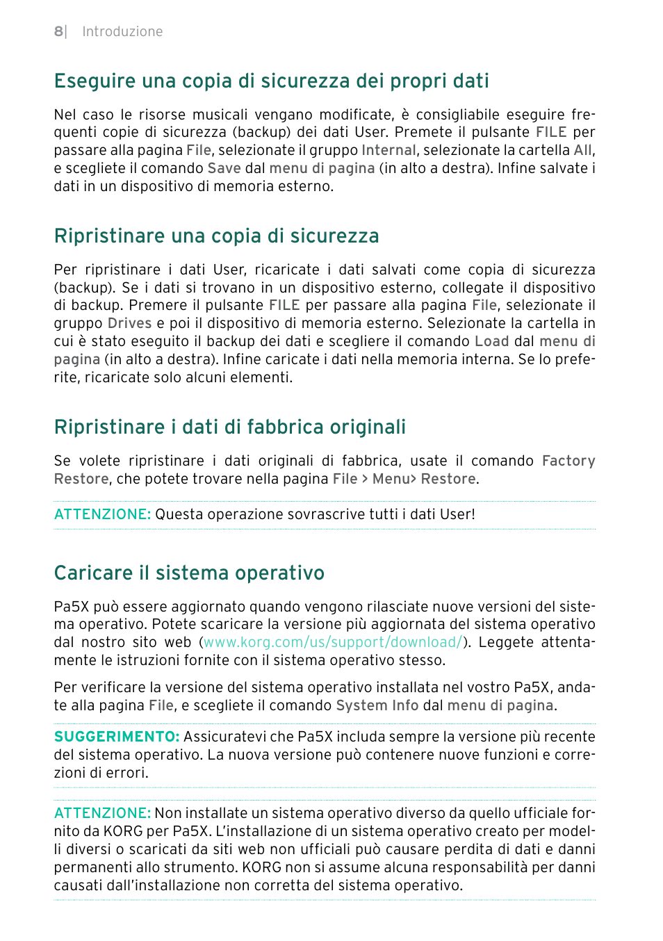 Eseguire una copia di sicurezza dei propri dati, Ripristinare una copia di sicurezza, Ripristinare i dati di fabbrica originali | Caricare il sistema operativo | KORG Pa5X-88 88-Key Arranger Keyboard User Manual | Page 124 / 232