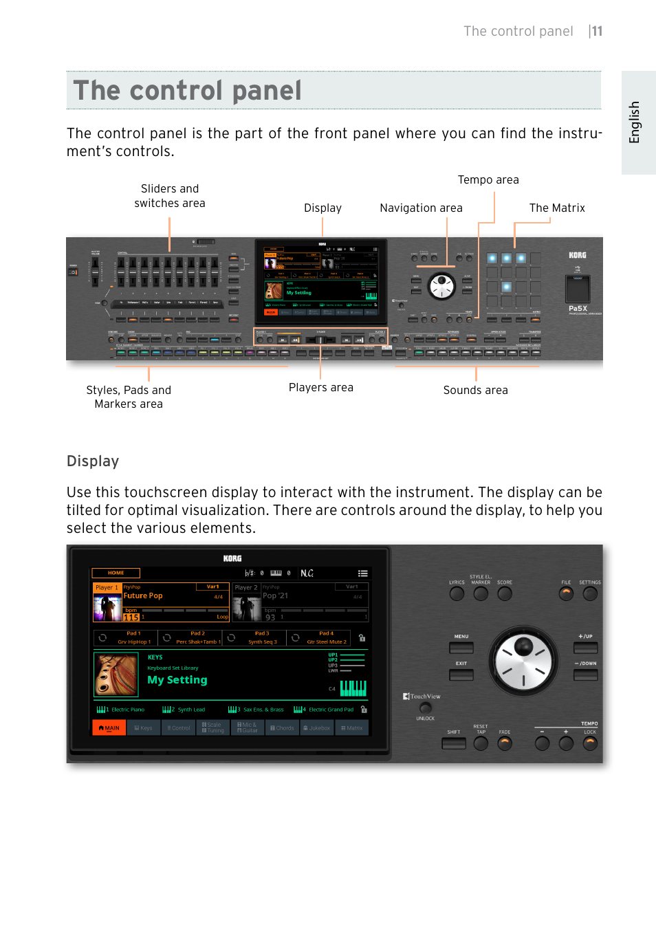 The control panel | KORG Pa5X-88 88-Key Arranger Keyboard User Manual | Page 13 / 232