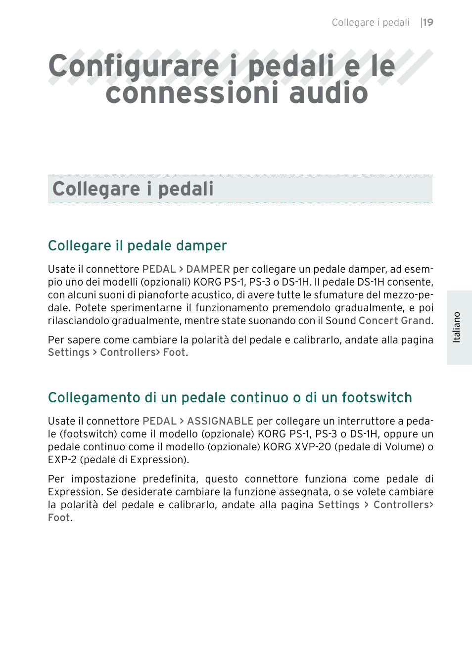 Configurare i pedali e le connessioni audio, Collegare i pedali, Collegare il pedale damper | KORG Pa5X-88 88-Key Arranger Keyboard User Manual | Page 135 / 232