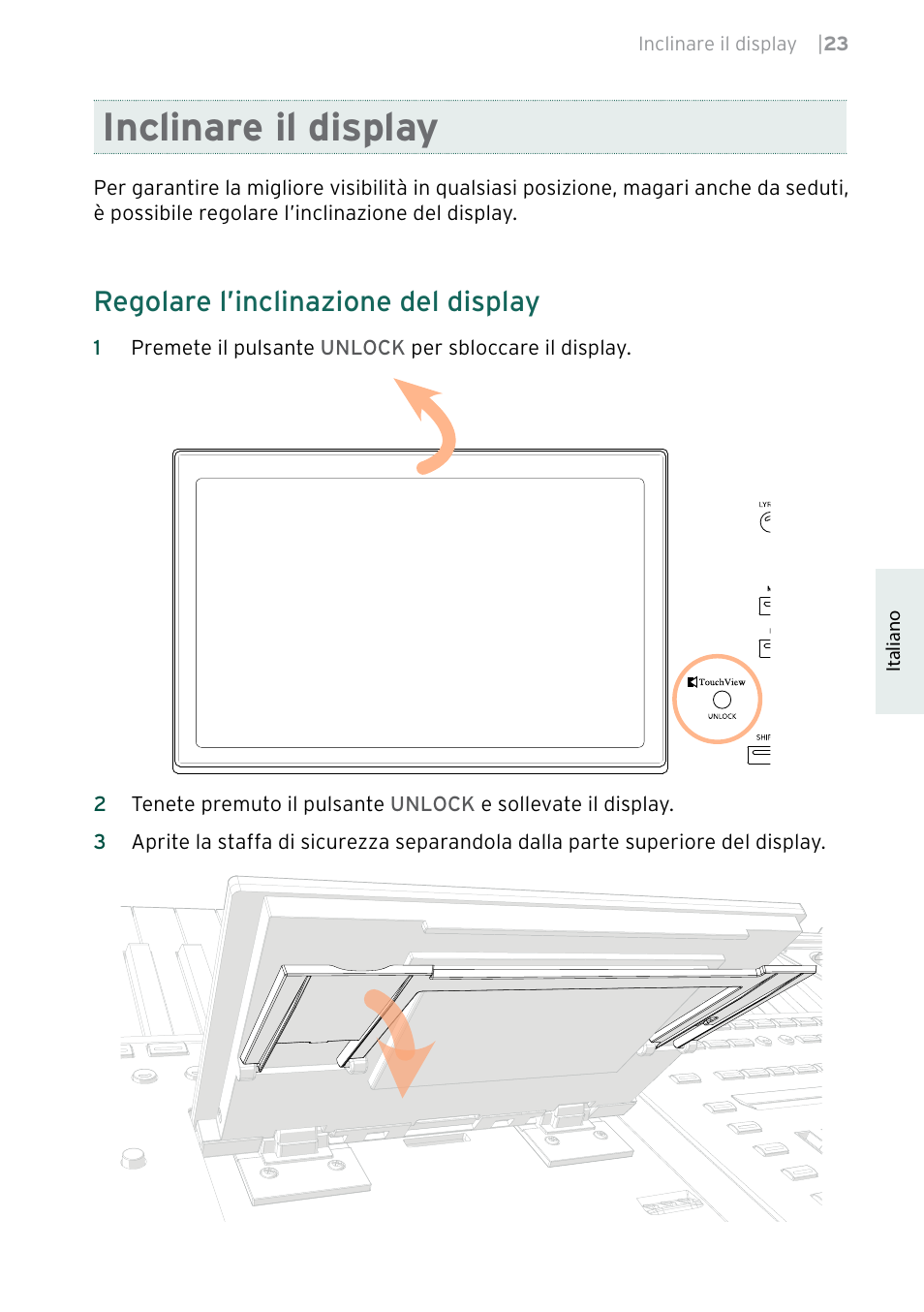Inclinare il display, Regolare l’inclinazione del display | KORG Pa5X-88 88-Key Arranger Keyboard User Manual | Page 139 / 232