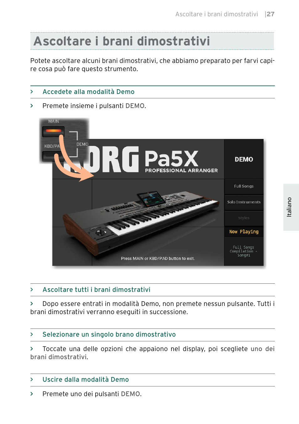 Ascoltare i brani dimostrativi | KORG Pa5X-88 88-Key Arranger Keyboard User Manual | Page 143 / 232