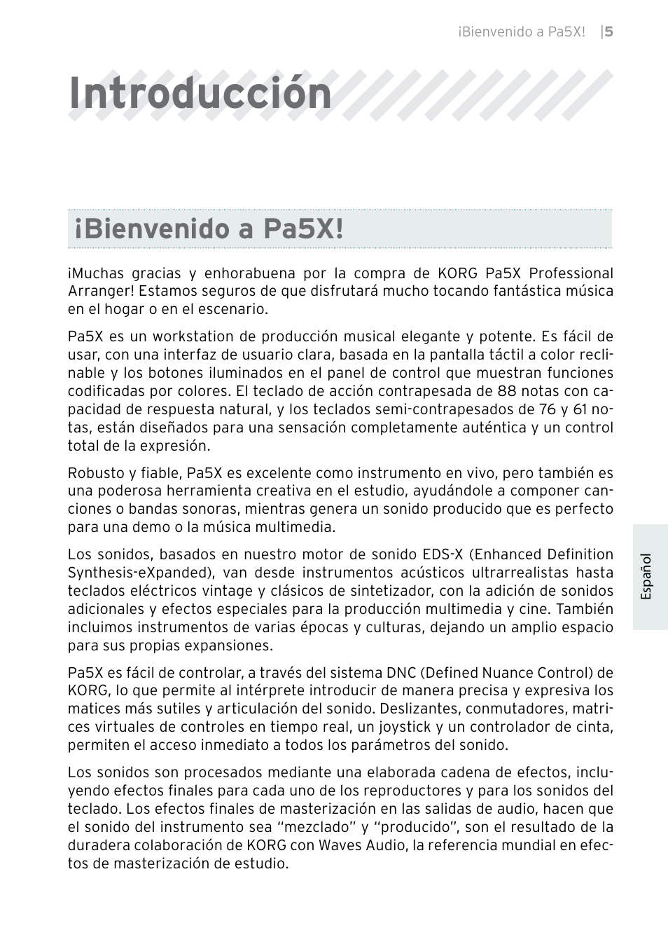 Introducción, Bienvenido a pa5x | KORG Pa5X-88 88-Key Arranger Keyboard User Manual | Page 159 / 232