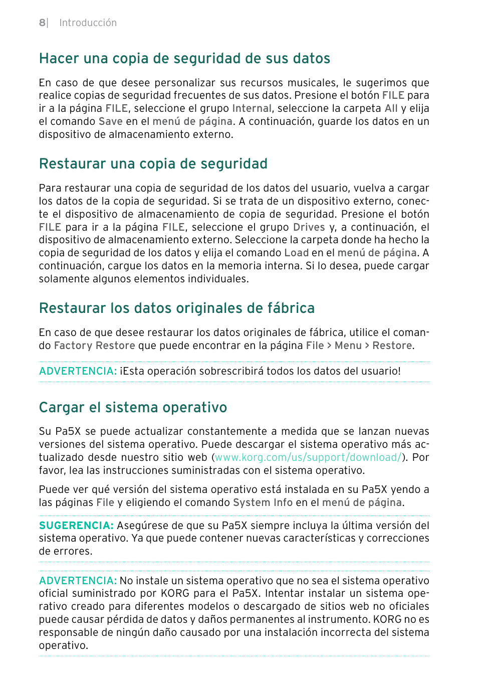 Hacer una copia de seguridad de sus datos, Restaurar una copia de seguridad, Restaurar los datos originales de fábrica | Cargar el sistema operativo | KORG Pa5X-88 88-Key Arranger Keyboard User Manual | Page 162 / 232