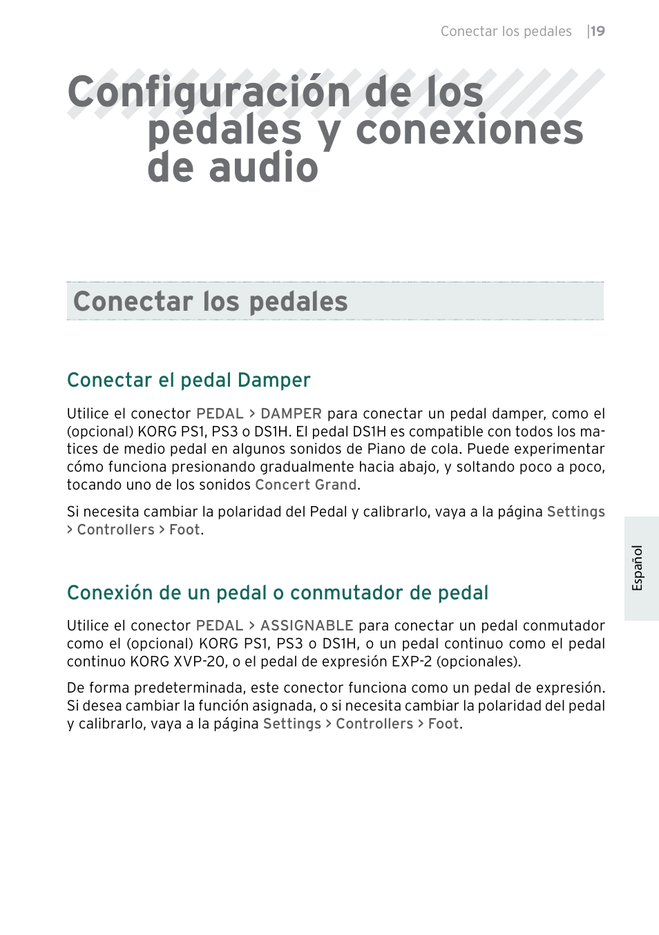 Configuración de los pedales y conexiones de audio, Conectar los pedales | KORG Pa5X-88 88-Key Arranger Keyboard User Manual | Page 173 / 232