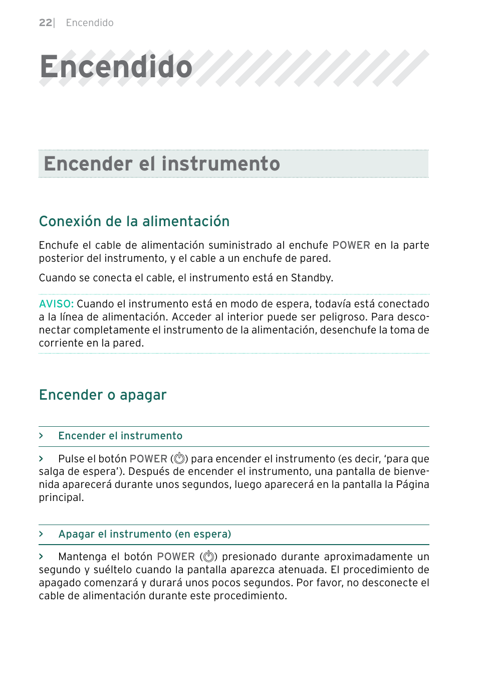 Encendido, Encender el instrumento, Conexión de la alimentación | Encender o apagar | KORG Pa5X-88 88-Key Arranger Keyboard User Manual | Page 176 / 232