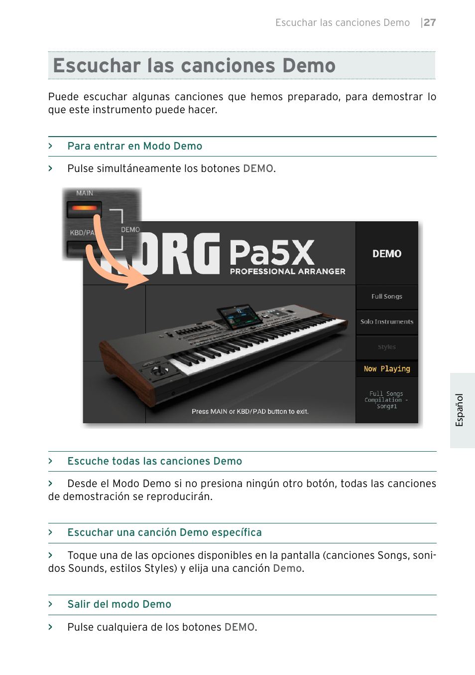 Escuchar las canciones demo | KORG Pa5X-88 88-Key Arranger Keyboard User Manual | Page 181 / 232