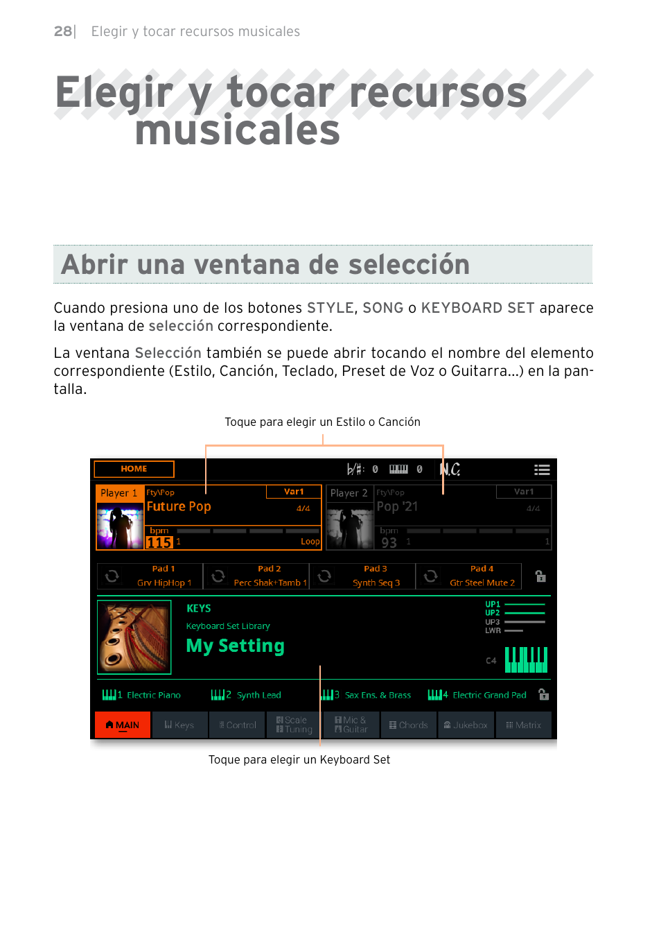 Elegir y tocar recursos musicales, Abrir una ventana de selección | KORG Pa5X-88 88-Key Arranger Keyboard User Manual | Page 182 / 232