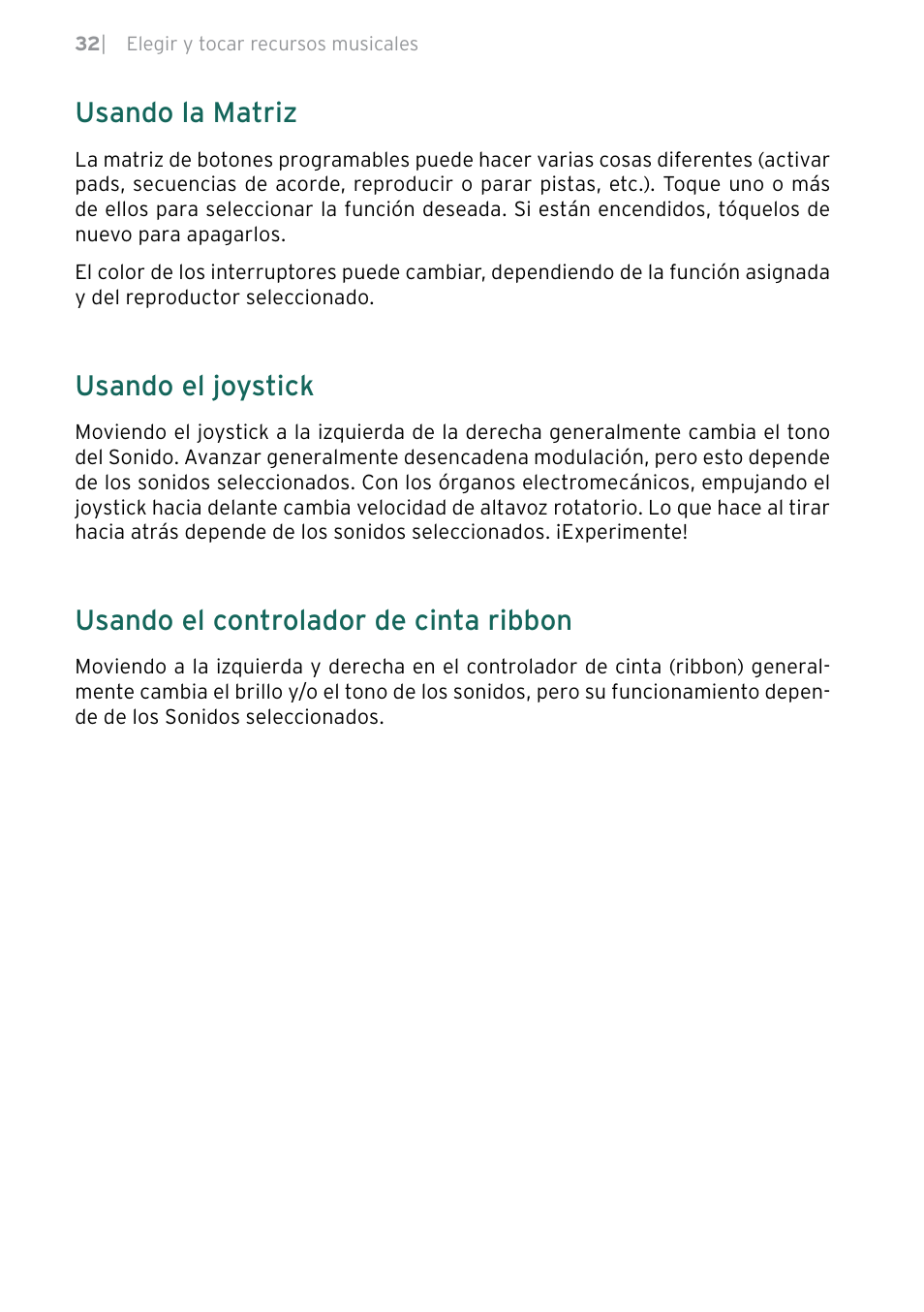 Usando la matriz, Usando el joystick, Usando el controlador de cinta ribbon | KORG Pa5X-88 88-Key Arranger Keyboard User Manual | Page 186 / 232