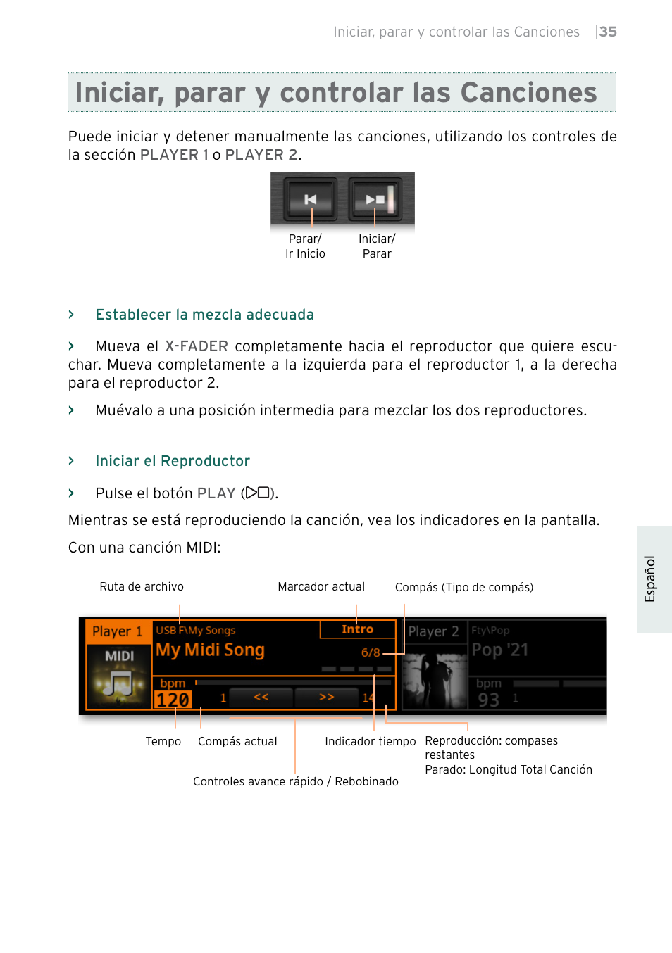 Iniciar, parar y controlar las canciones | KORG Pa5X-88 88-Key Arranger Keyboard User Manual | Page 189 / 232