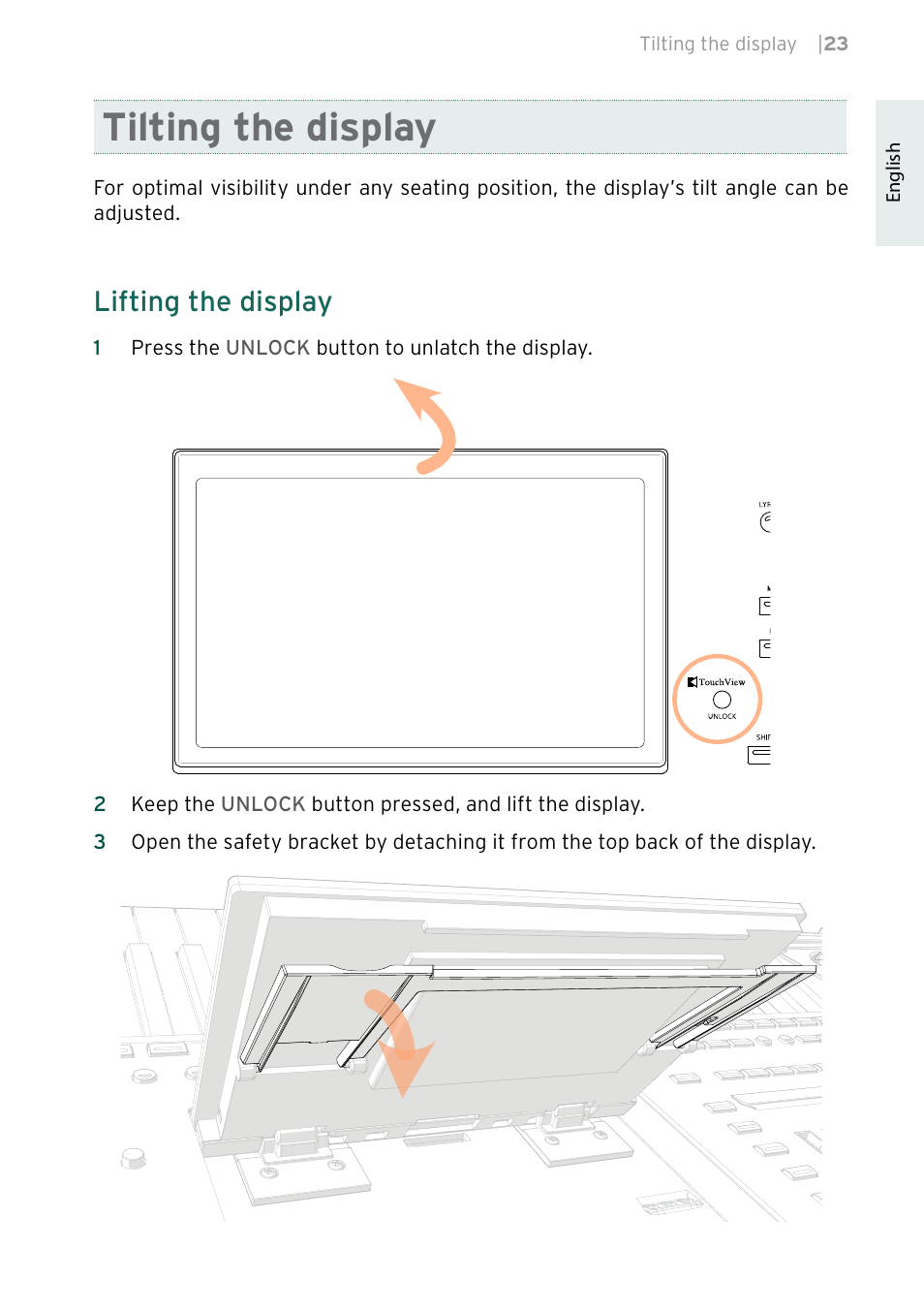 Tilting the display, Lifting the display | KORG Pa5X-88 88-Key Arranger Keyboard User Manual | Page 25 / 232