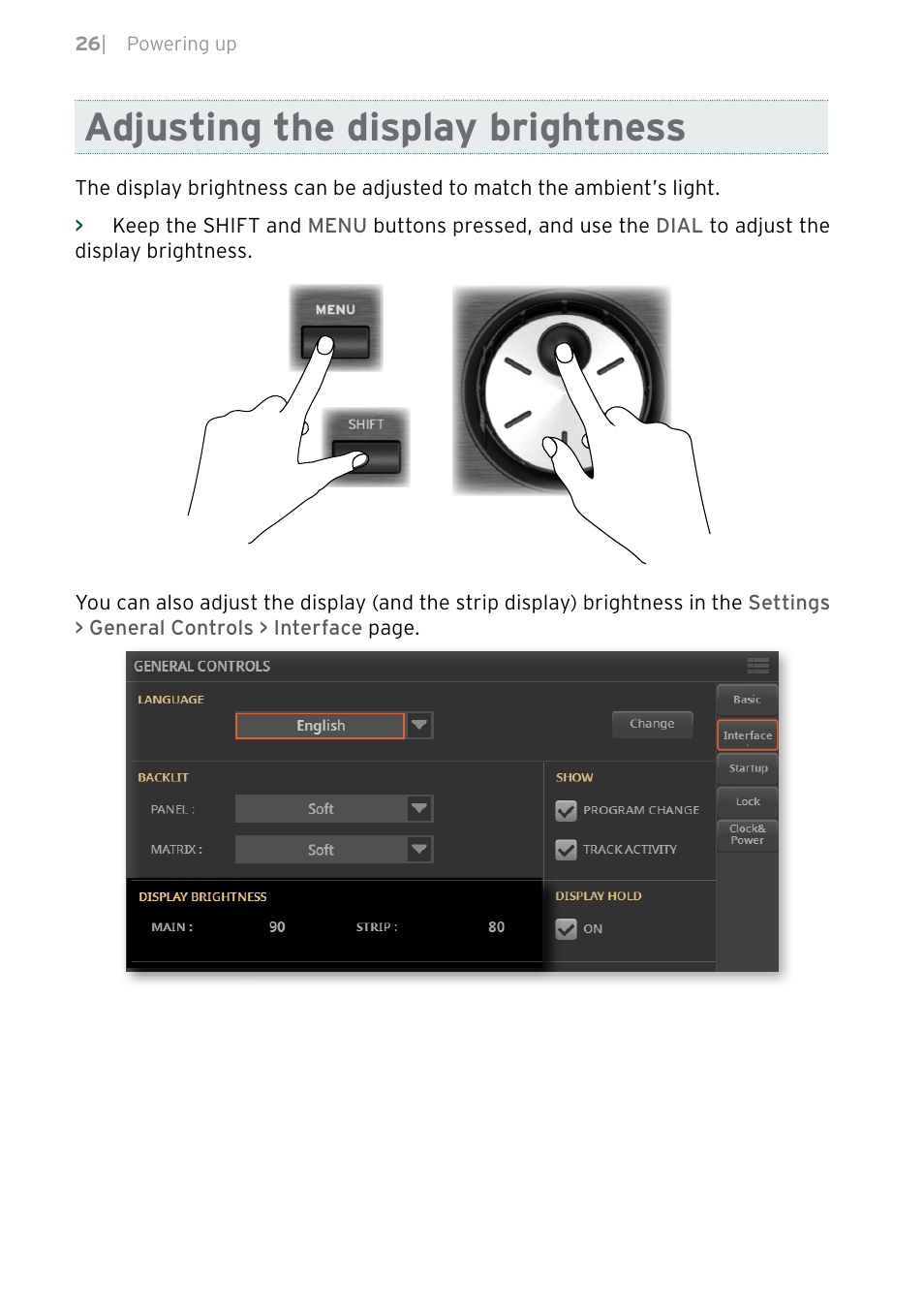 Adjusting the display brightness | KORG Pa5X-88 88-Key Arranger Keyboard User Manual | Page 28 / 232