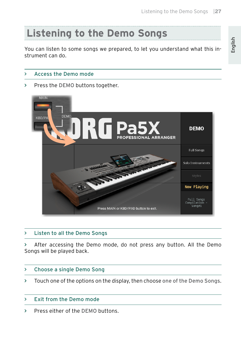 Listening to the demo songs | KORG Pa5X-88 88-Key Arranger Keyboard User Manual | Page 29 / 232