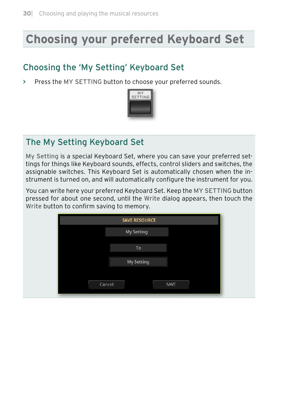 Choosing your preferred keyboard set, Choosing the ‘my setting’ keyboard set, The my setting keyboard set | KORG Pa5X-88 88-Key Arranger Keyboard User Manual | Page 32 / 232
