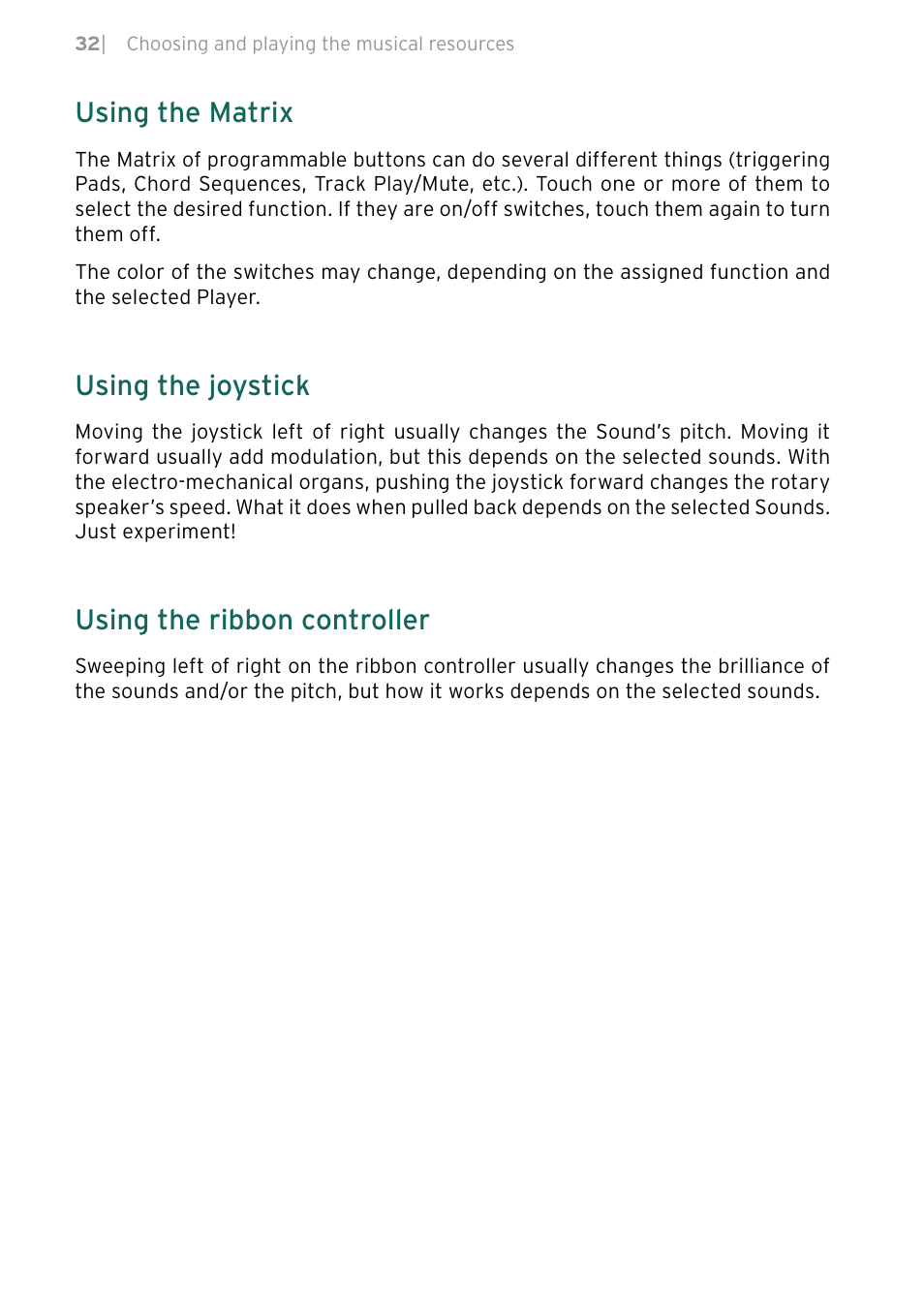 Using the matrix, Using the joystick, Using the ribbon controller | KORG Pa5X-88 88-Key Arranger Keyboard User Manual | Page 34 / 232